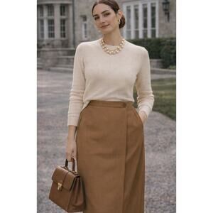 Vintage Saks Fifth Avenue Academia Wool Pencil Skirt 8 Tan Old Money Minimalist